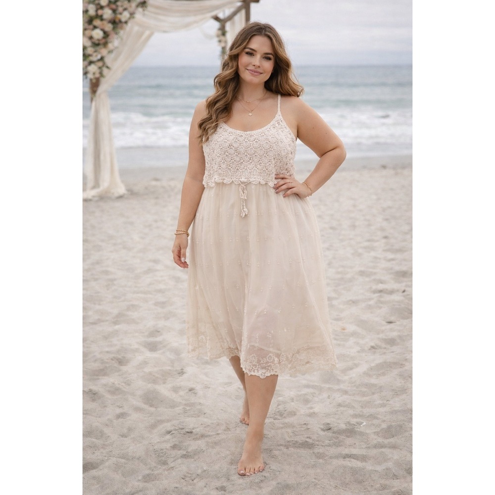 J Bee Cream Lace Crochet Midi Dress Boho Cottagecore‎ Festival Plus Size 1X